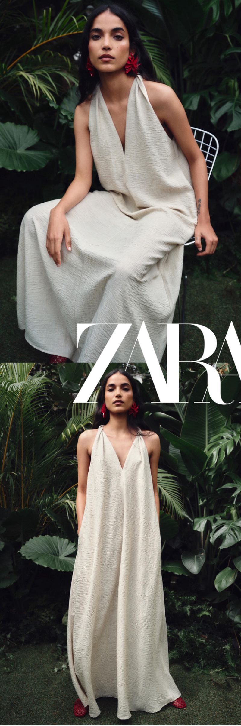 Model Amrit wearing a cream halterneck maxi dress posing against lush tropical foliage for Zara Vacation Mood