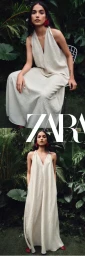 Model Amrit wearing a cream halterneck maxi dress posing against lush tropical foliage for Zara Vacation Mood