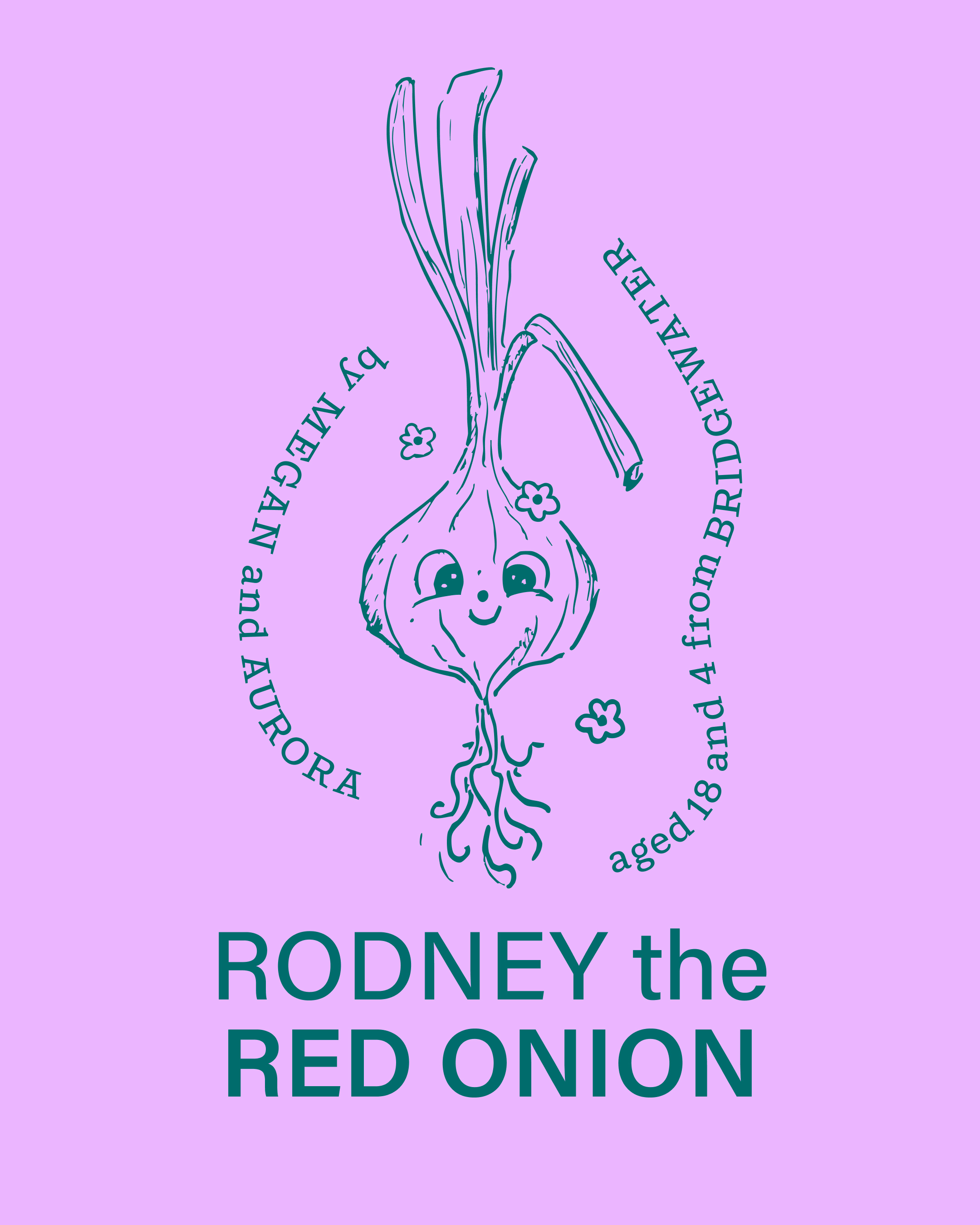 Illustrated character of an onion with eyes and a smiling face centered on a purple background with surrounding text.