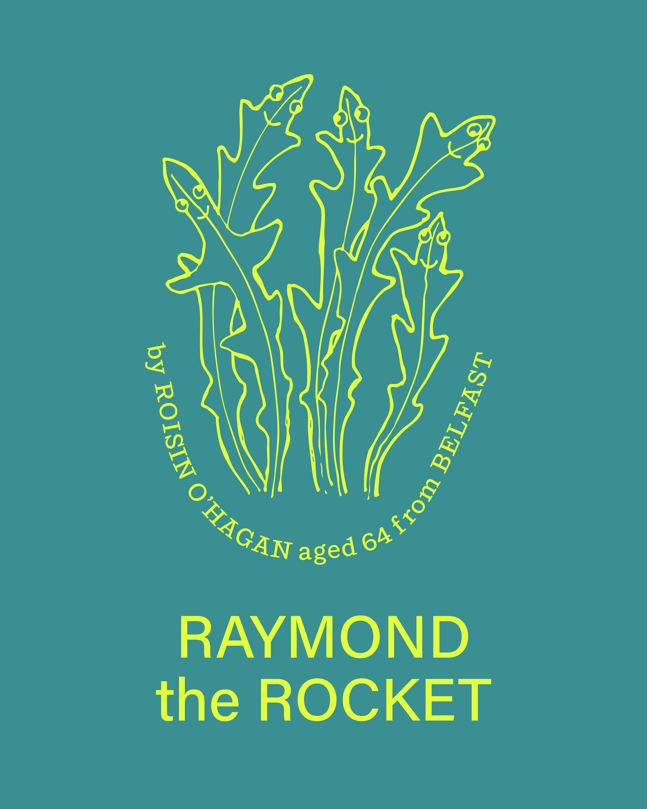 Whimsical illustration of green rocket leaves with smiling faces against a teal background, featuring the title 'Raymond the Rocket'.