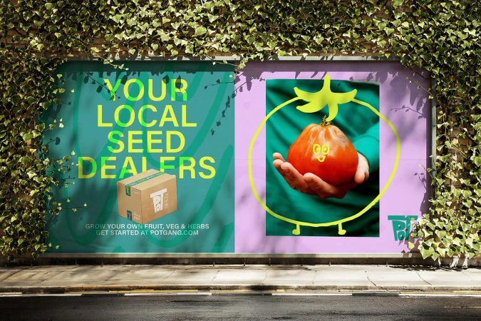 Outdoor billboard advertisement for Pot Gang featuring bold typography and a hand holding a fresh tomato.