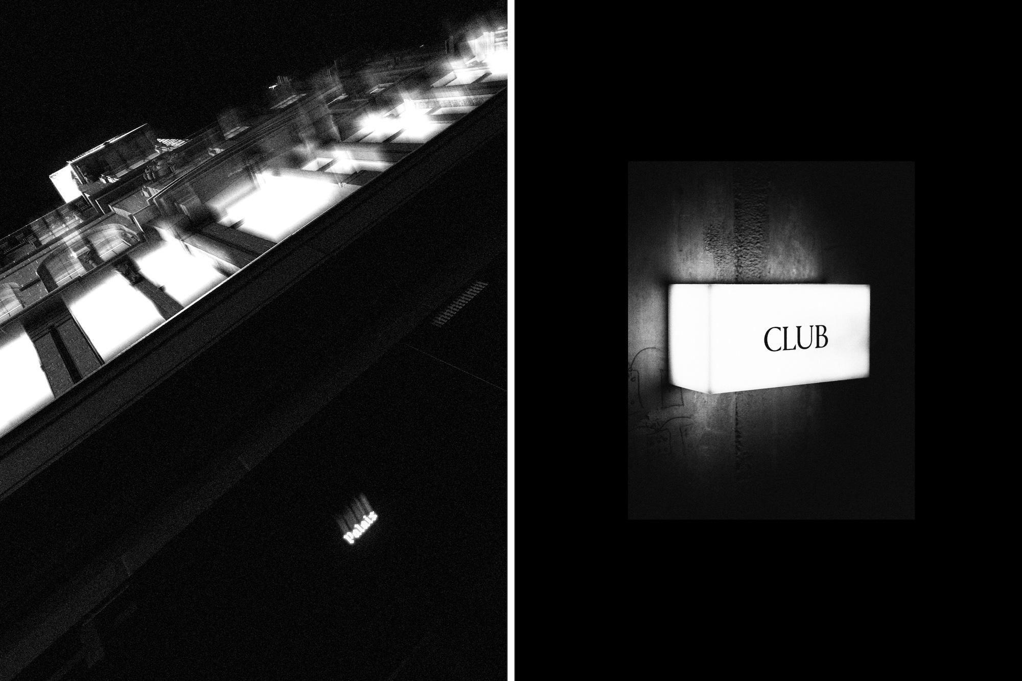 Monochrome diptych showing a diagonal motion-blurred city exterior on the left and a glowing illuminated club sign on the right.