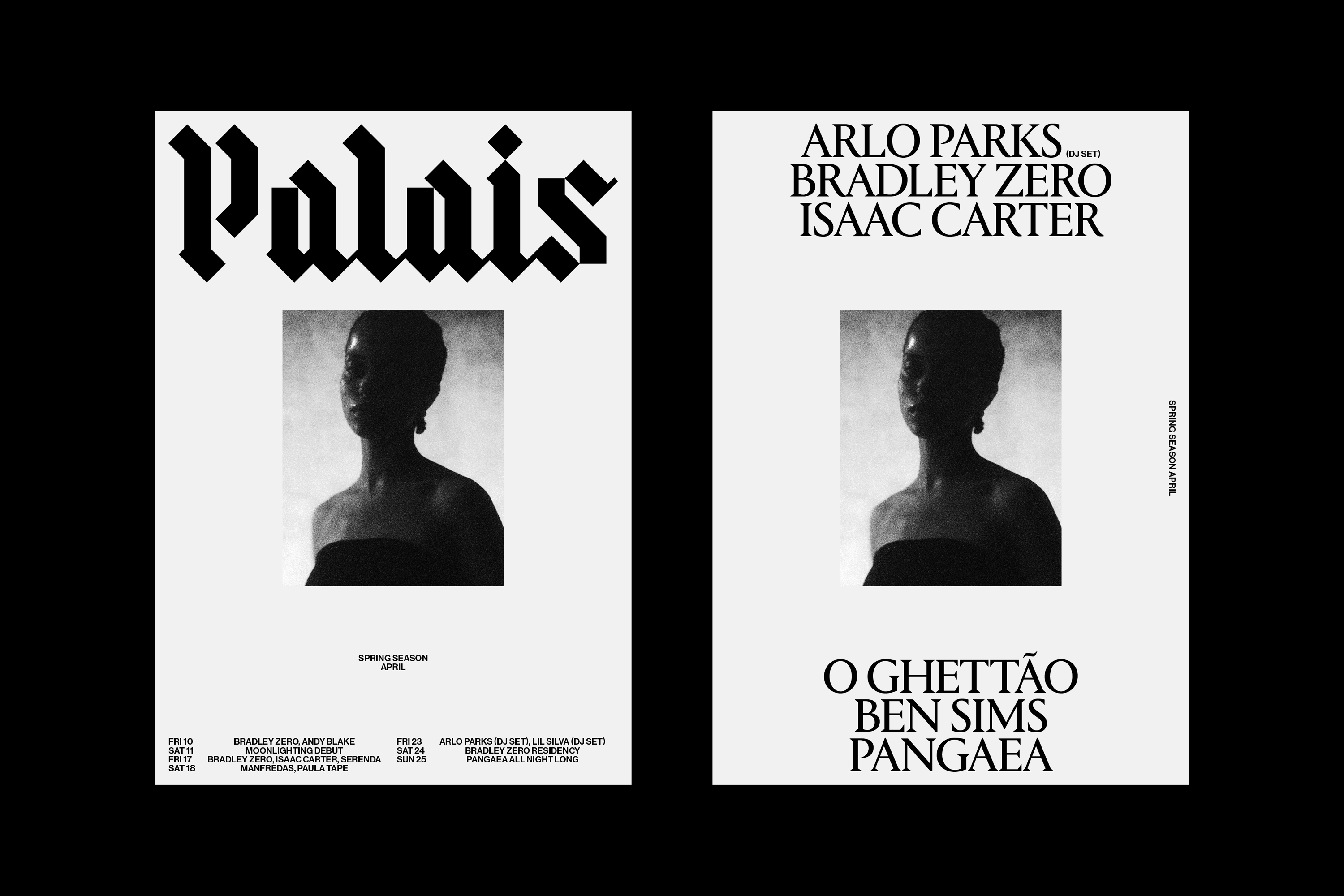 Two monochrome posters featuring gothic typography and centered black and white photographic portraits for Palais venue