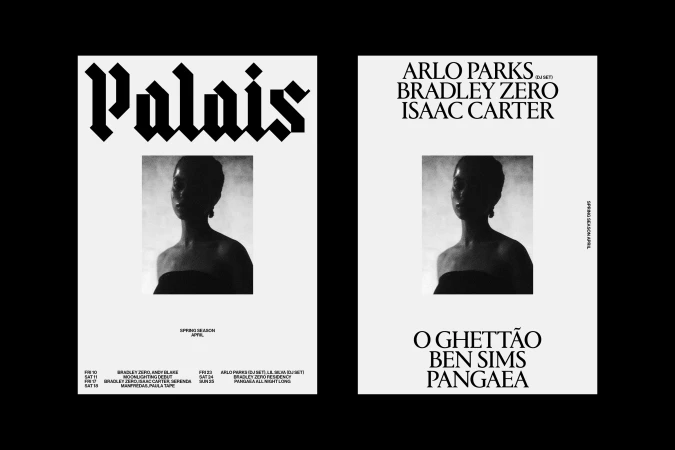 Two monochrome posters featuring gothic typography and centered black and white photographic portraits for Palais venue
