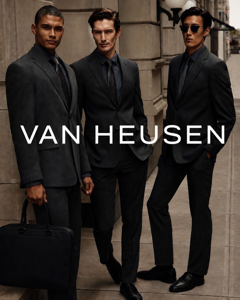 Three male models in dark suits standing on a city street for Van Heusen S/S 26 Campaign