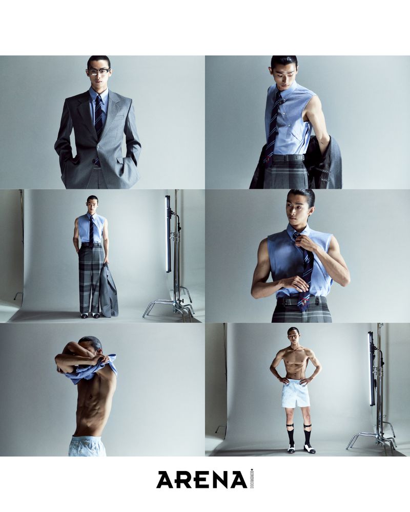 Collage of six fashion editorial photos of a male model in a suit, blue sleeveless shirt, and boxers against a white seamless background.