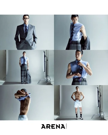 Collage of six fashion editorial photos of a male model in a suit, blue sleeveless shirt, and boxers against a white seamless background.