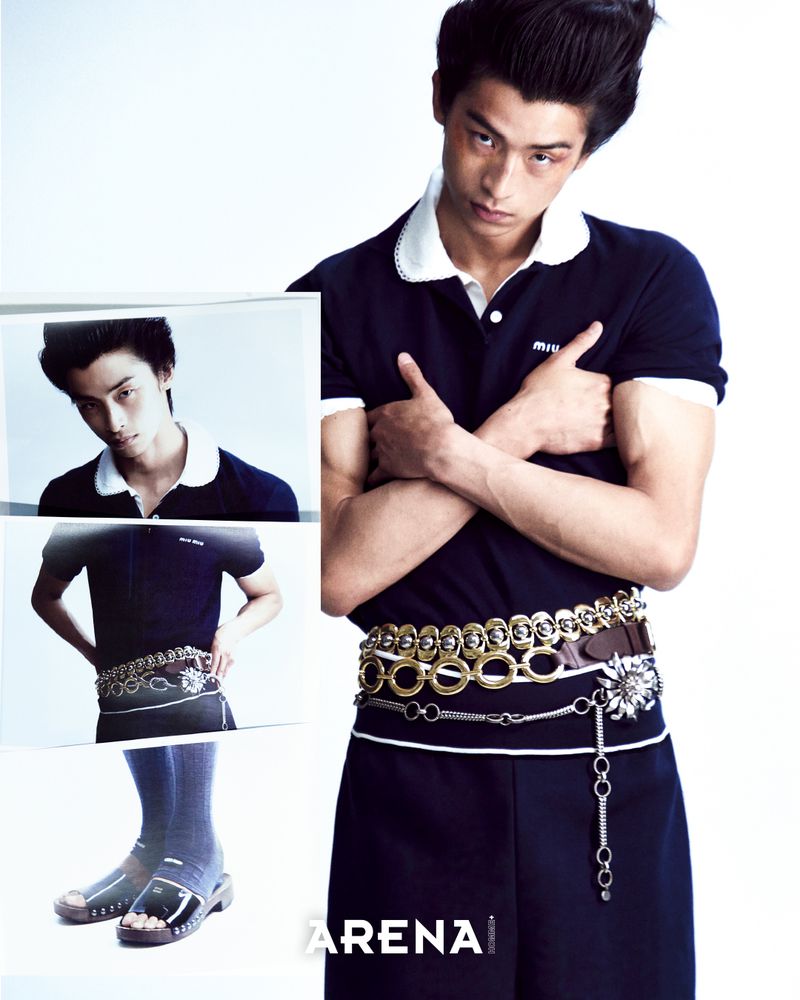 Model Yugo Takano in a navy polo shirt with layered belts against a white background for Arena Homme Plus Korea.