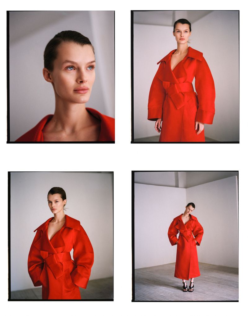 Four images showcase a woman in a red coat against a stark white background, styled in a high-fashion, editorial photoshoot.