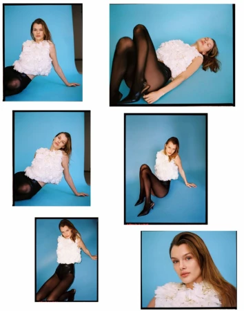 Contact sheet of fashion photographs featuring model Kris Grikaite wearing a white textured top against a bright blue seamless backdrop.