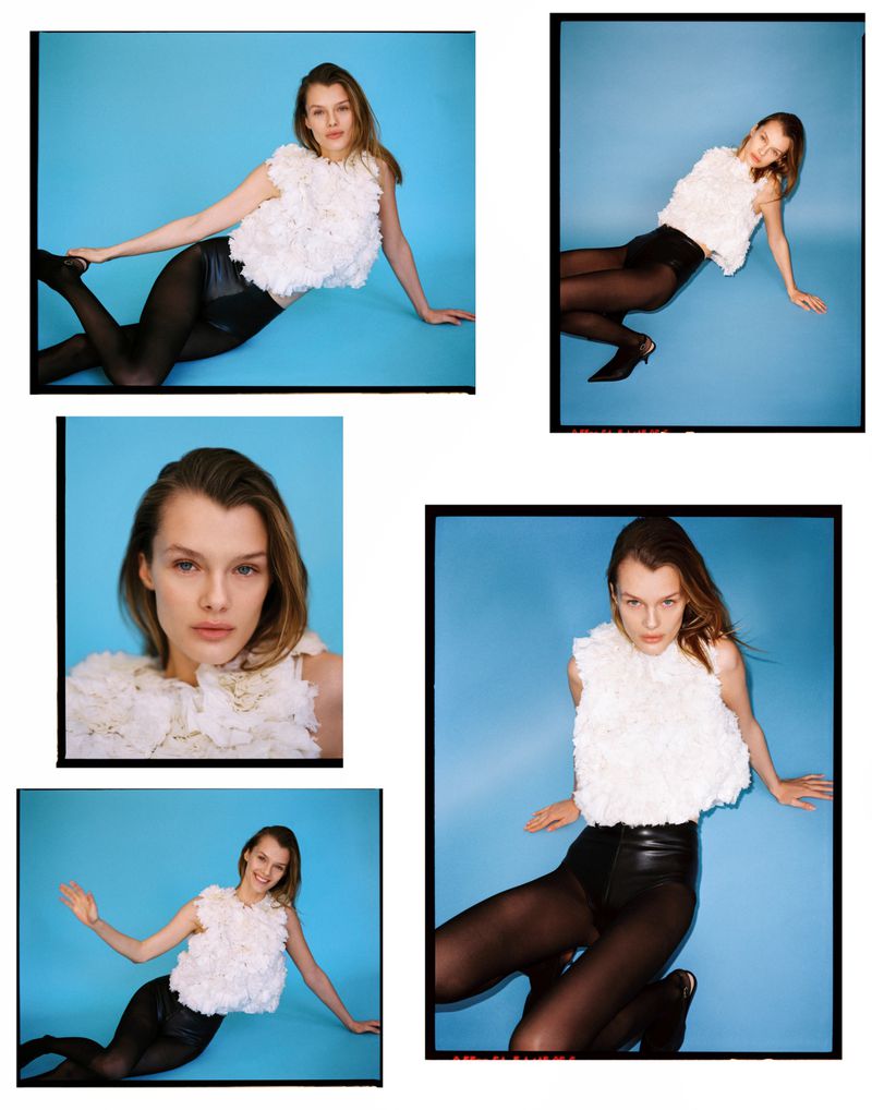 Contact sheet collage of model Kris Grikaite in a white textured top and black tights against a blue backdrop for DSECTION Magazine.