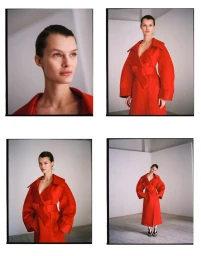 Model Kris Grikaite in a vibrant red belted coat featured in DSECTION Magazine editorial photography.