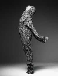 Model in a textured monochrome hooded full-body knitted garment leaning backward against a plain studio background.