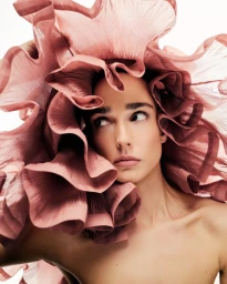 Close-up portrait of a woman wearing an oversized pleated mauve rffled hat for Vogue Portugal Ether Structure editorial