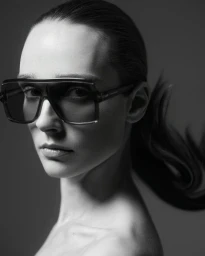 Close-up portrait of a woman wearing oversized sunglasses with her hair styled in a ponytail against a plain background
