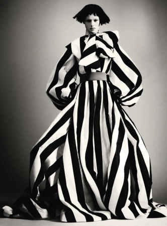 Model wearing a voluminous black and white striped haute couture gown with puffed sleeves against a grey studio backdrop.