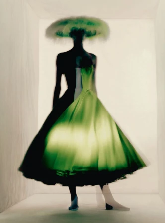 Blurred fashion portrait of a model in a vibrant lime green couture ballgown and wide brim hat against a neutral studio backdrop.