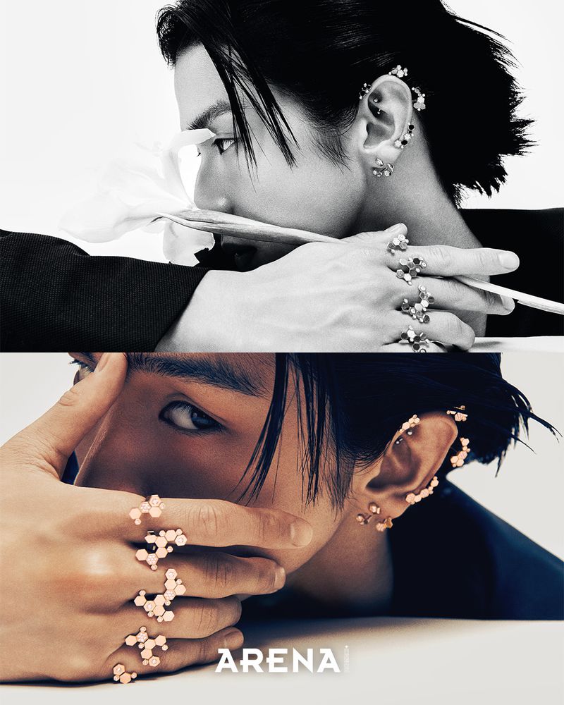 Close-up split image of a male model wearing cluster rings and ear cuffs while holding a white flower against a white background.