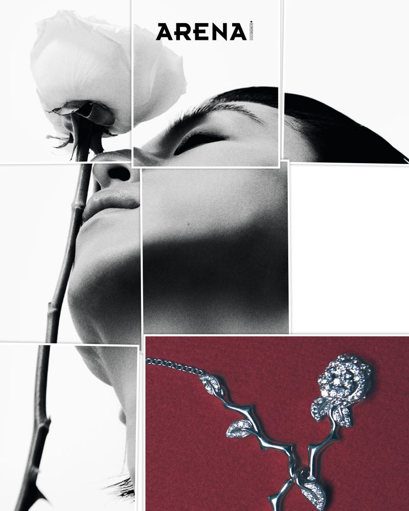 Collaged black and white portrait of a model with a white rose alongside a detailed shot of a silver rose necklace.