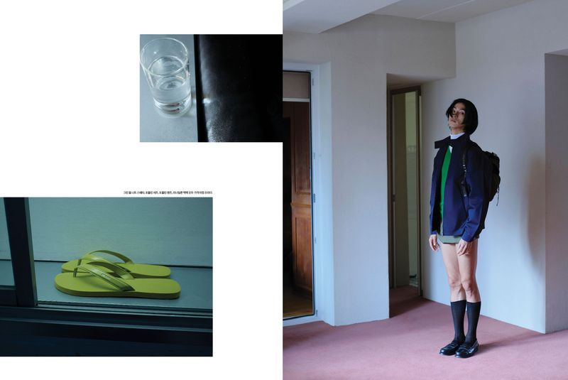 Fashion editorial spread featuring model Yugo Takano standing in a hallway alongside insets of green flip-flops and a glass of water.