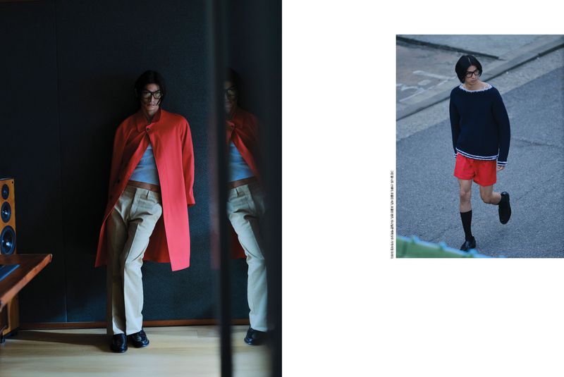 Diptych fashion spread of model Yugo Takano in a red coat with beige trousers indoors, and a navy sweater with red shorts on a street.