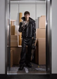 Model wearing black leather jacket and pants holding a small dog inside an elevator filled with cardboard boxes