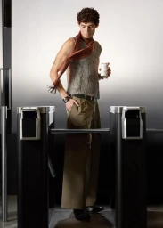 Man wearing a grey knit vest and scarf standing at turnstiles for SSENSE S/S 26 campaign photographed by Geray Mena.