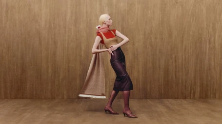 Model wearing a dark leather midi skirt, camel top, and long draped scarf posing against a warm wood paneled background.