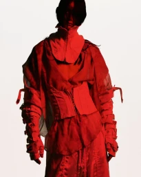 Model wearing avant-garde red layered clothing against a plain white background for Julius spring summer 2026