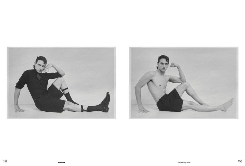 Two monochrome editorial photographs featuring male models posing in black shorts against a pale seamless studio background.