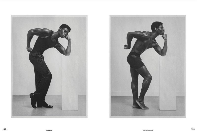 Two black male models posing in monochrome studio portraits for Andron Journal Power issue
