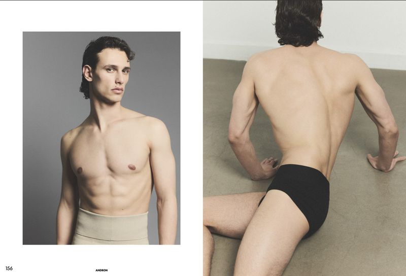 Magazine editorial spread featuring male models posing shirtless in minimalist underwear against neutral studio backgrounds.