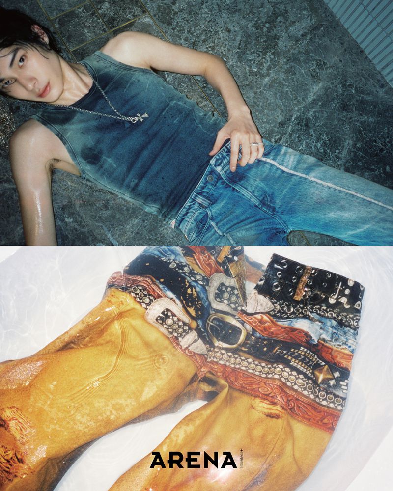 Young man in blue denim tank top and jeans lying on a tiled surface, with cropped shot of patterned pants below, fashion shoot.