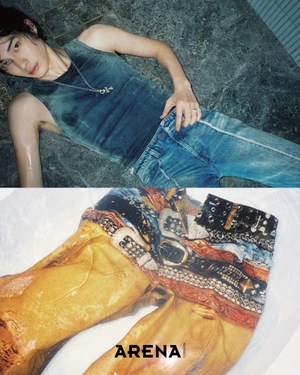 Fashion editorial diptych of model Jinyeong Pak lying wet in a tank top above submerged patterned trousers.