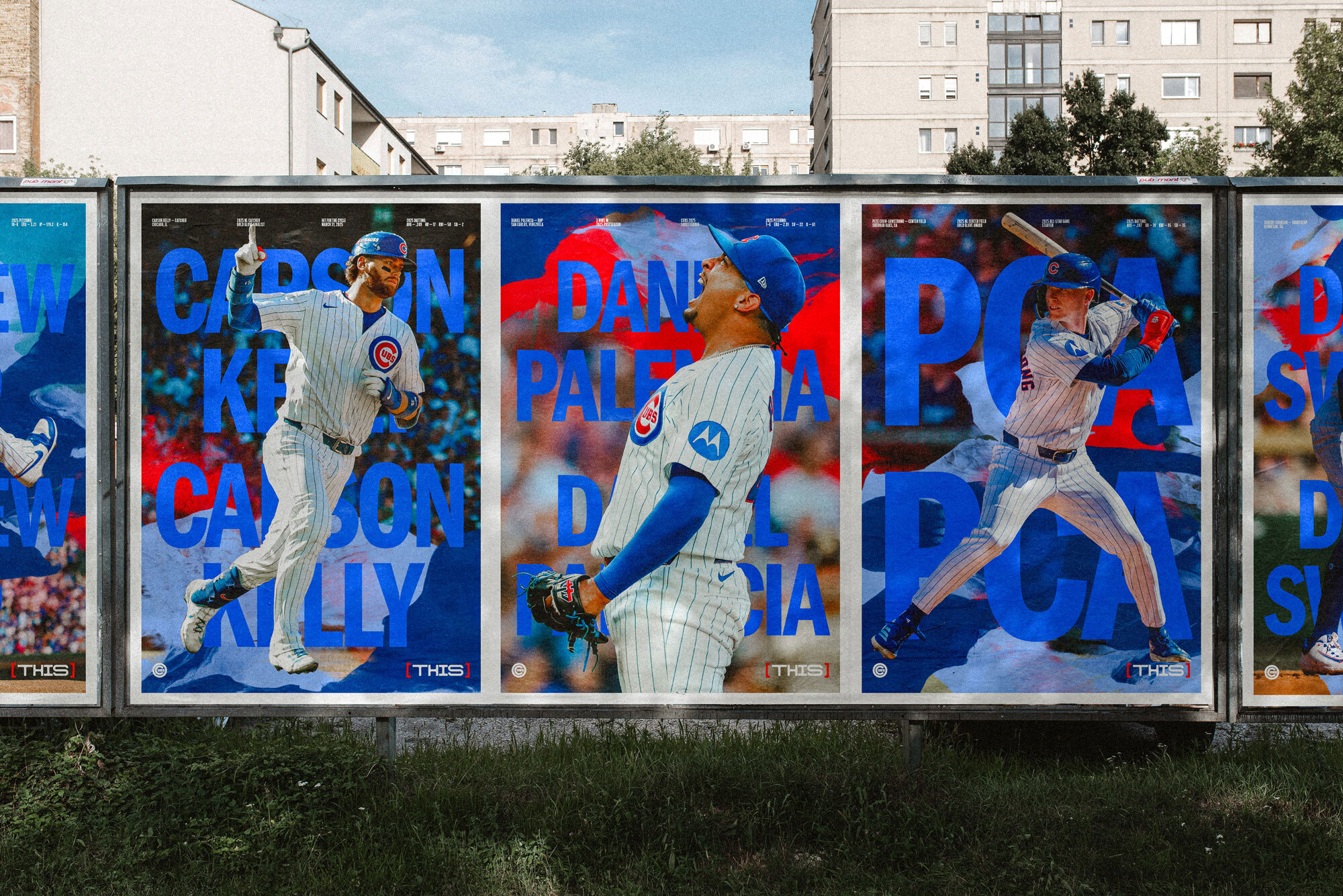 Outdoor billboard structure displaying graphic Chicago Cubs baseball player posters with bold typography and team uniforms.