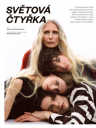 Four models stacked together in a close editorial portrait against a white seamless background for Vogue Czechoslovakia.