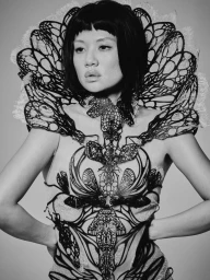 East Asian woman posing in an intricate sculptural black wing collar and corset against a grey studio backdrop.