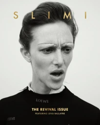 Model Lena Ballayre posing with an expressive gaze in a black Loewe top for the SLIMI Magazine cover.