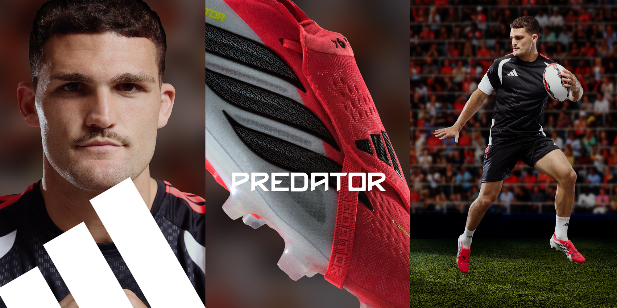 Three-panel Adidas Predator campaign featuring a rugby player portrait, a close-up of a red football boot, and an in-match action shot.