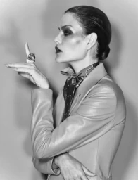 Black and white profile portrait of model Luciana Curtis wearing a tailored leather blazer, patterned neck scarf, and a statement ring.