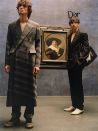 Two male models posing in tailored Dior menswear in front of a framed classical portrait in an art gallery.