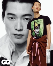 Model Hyojun Lee in a graphic t-shirt and brown track pants overlaid on a black and white close-up portrait for GQ Korea.
