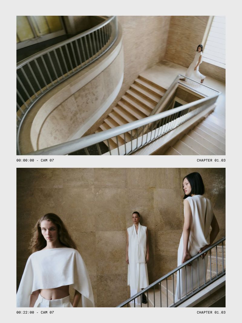 Diptych of fashion models wearing minimalist white garments on an architectural stone staircase for Massimo Dutti Studio.