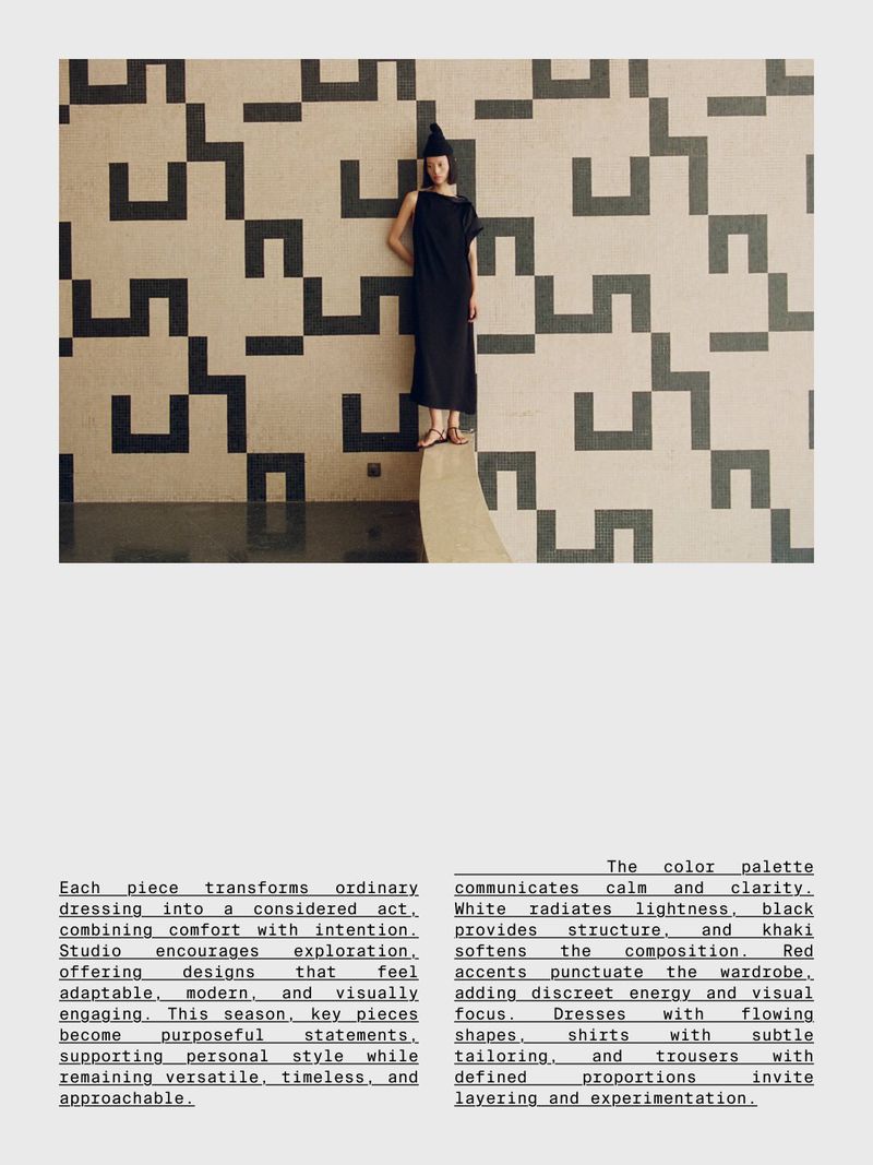 Model Yilan Hua stands in a black maxi dress against a geometric patterned mosaic wall in a Massimo Dutti Studio layout.
