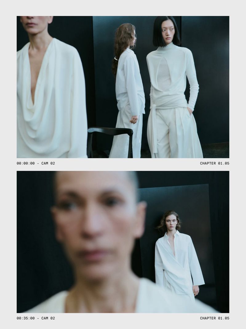 Split-frame lookbook image of fashion models wearing draped off-white tailoring against a dark studio backdrop with timestamp captions.