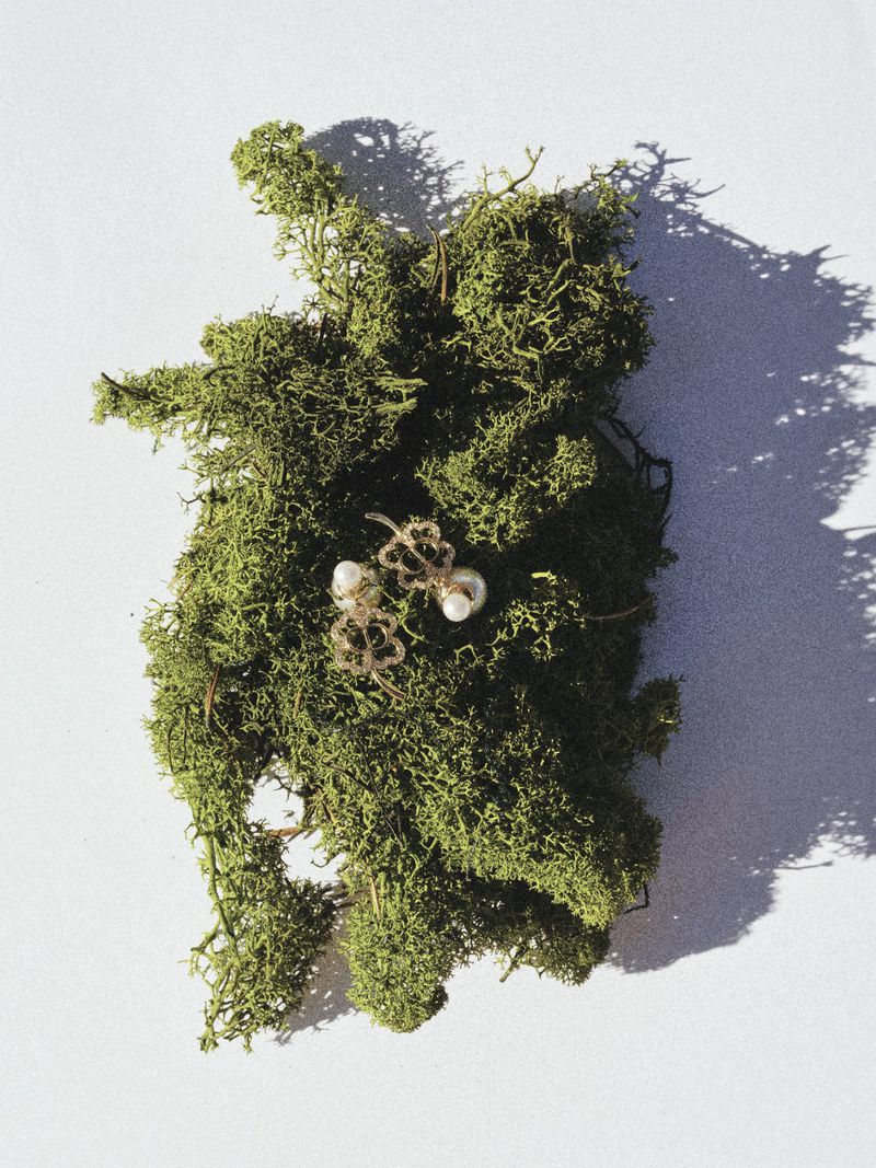 Dior pearl and gold earrings resting on a tuft of textured green moss against a white surface under hard directional light.