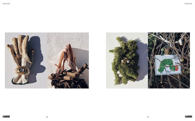 Editorial still life spread featuring a Dior tote bag, high heels on wood, earrings in moss, and a leather glove wearing a gemstone ring.
