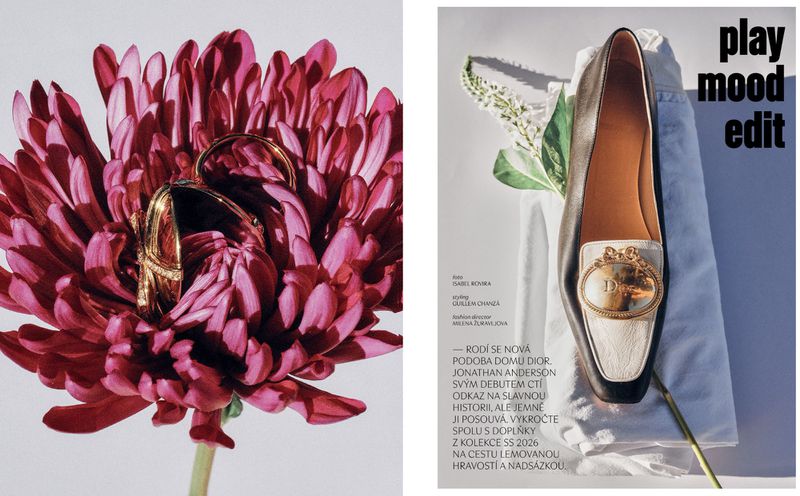 Editorial layout featuring a gold ring inside a magenta chrysanthemum beside a Dior black and white leather loafer.