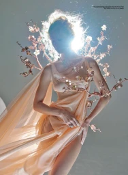 Model Maria Klaumann poses in a draped peach chiffon gown with sculptural flowering branches under a radiant halo backlight.