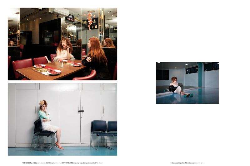 Fashion editorial spread featuring models in styled outfits across three distinct interior and restaurant scenes.
